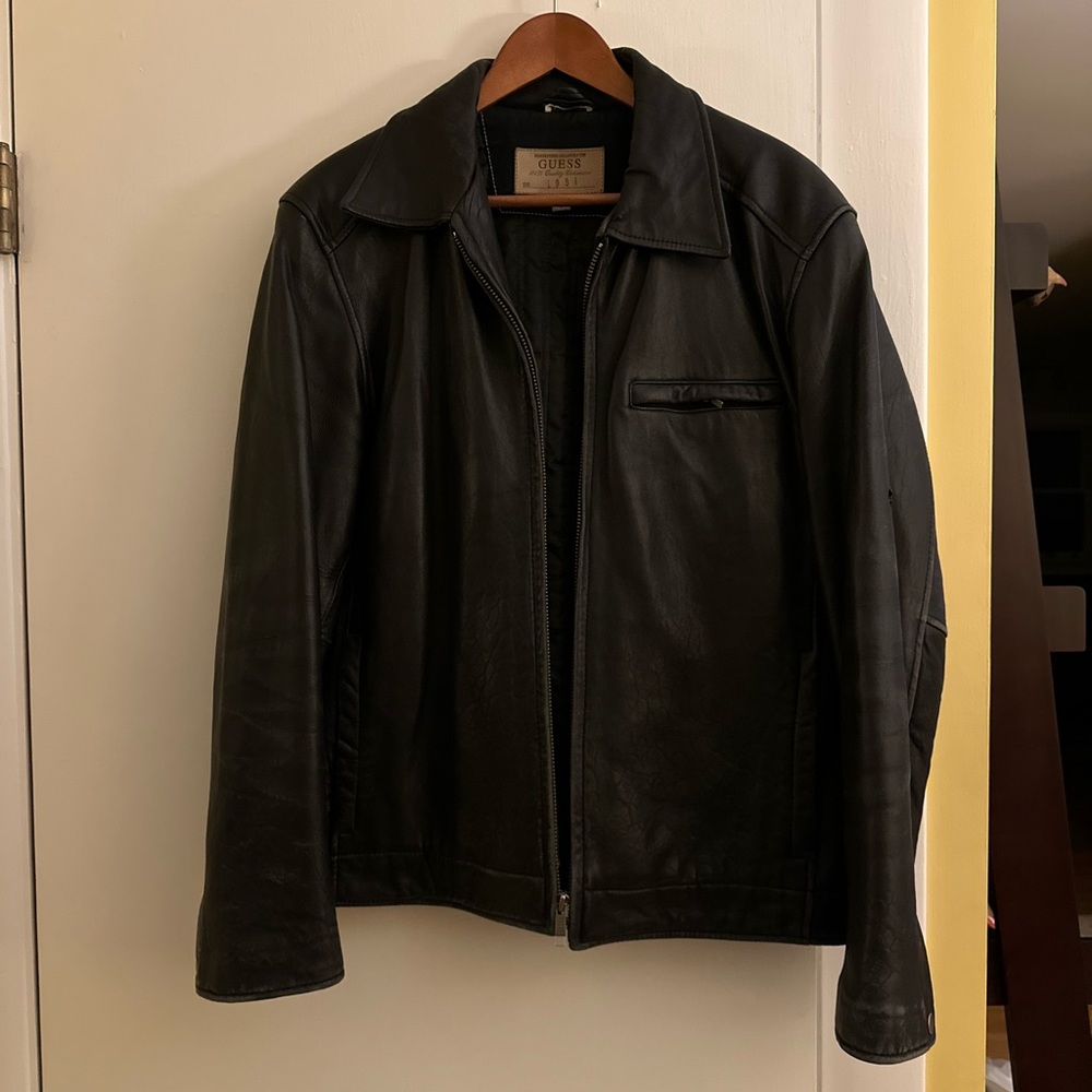 Guess men’s black leather jacket